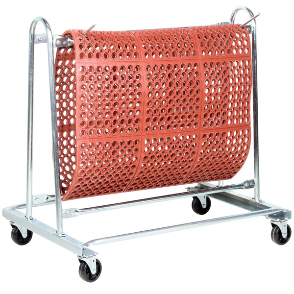 A red Lavex floor mat transport and wash cart with wheels.