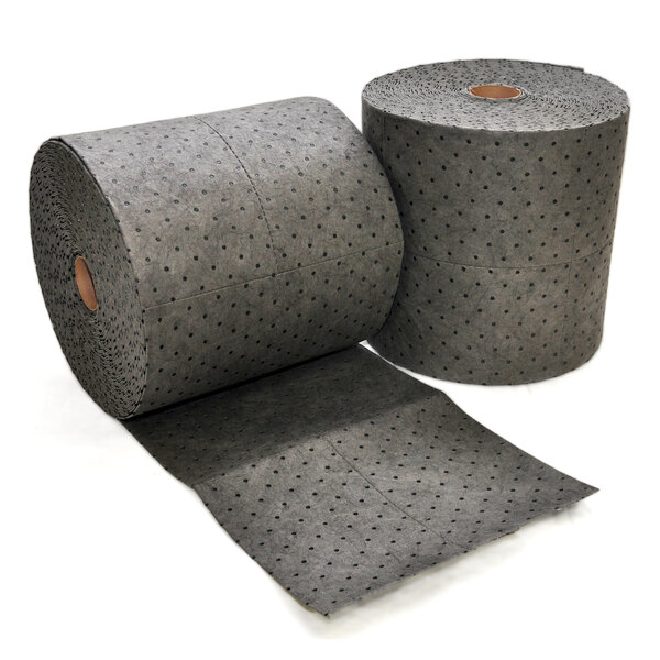 Two rolls of Spilfyter gray heavy weight absorbent paper with dots on them.
