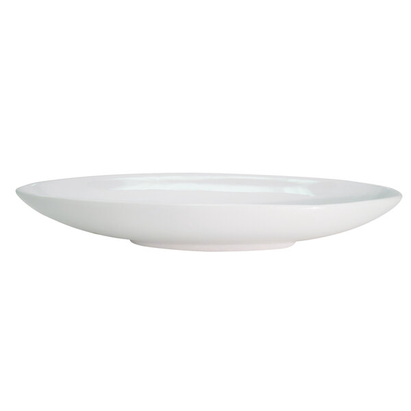 A close up of a CAC bright white porcelain gondola bowl.