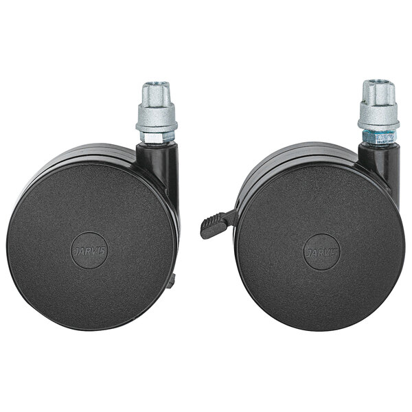 A close-up of two Metro HDC3BB black plastic swivel casters.