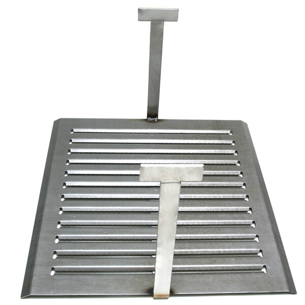 A stainless steel metal tray with metal bars.