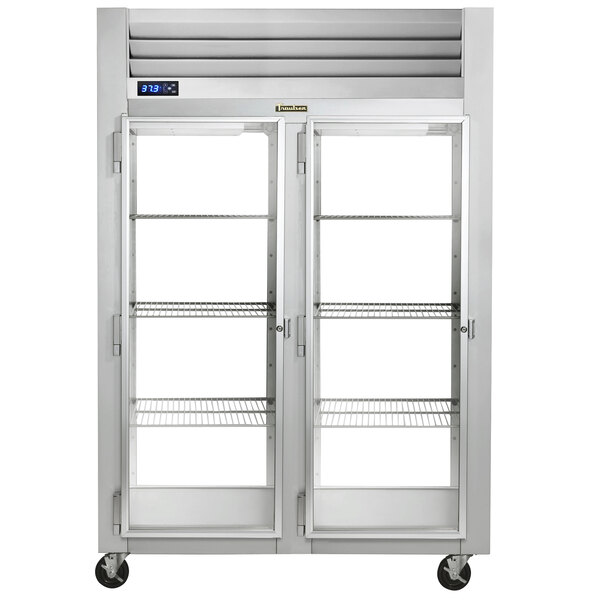 A Traulsen reach-in refrigerator with double glass doors.