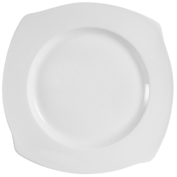 A close-up of a CAC white porcelain plate with a curved edge and white rim.