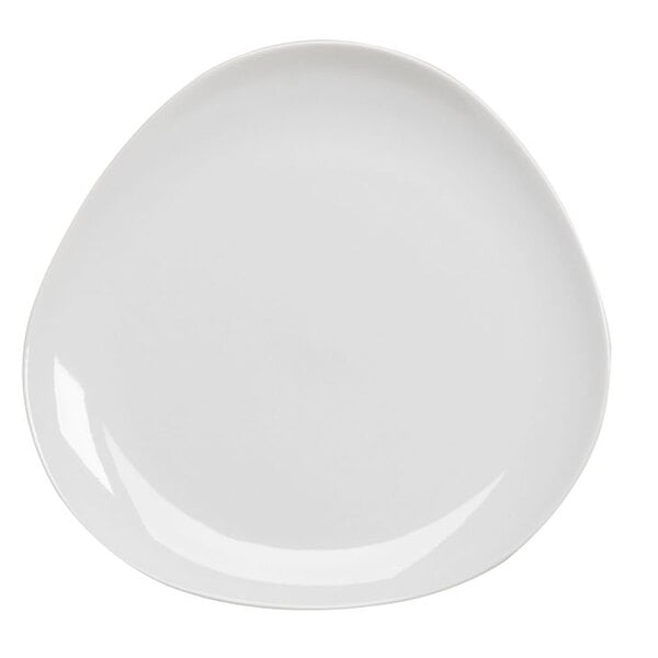A Homer Laughlin Ameriwhite Alexa bright white triangle china plate with a curved edge.