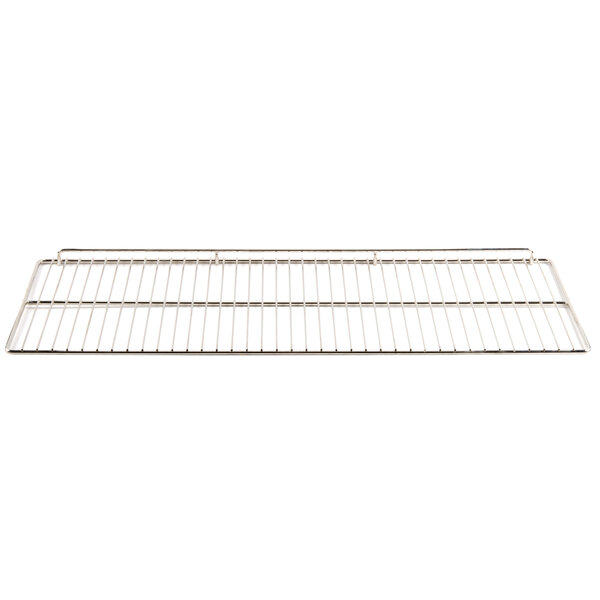 An Avantco stainless steel metal rack with a wire grid on it.