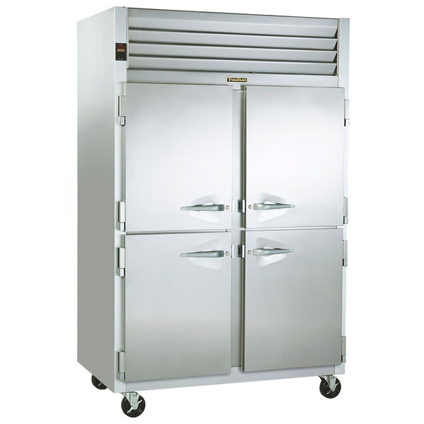 A silver Traulsen hot food holding cabinet with left/right hinged doors.