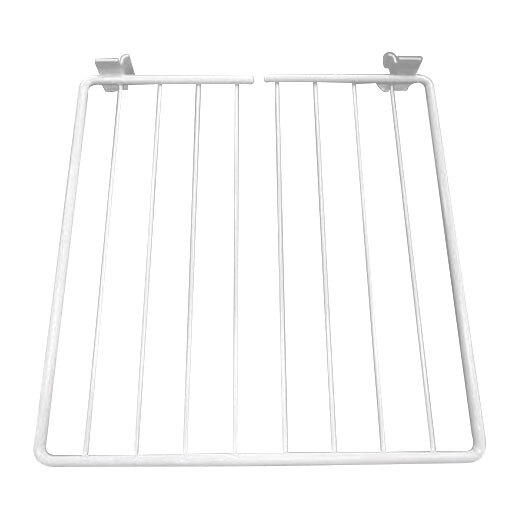 A white wire rack with a pair of white poles.