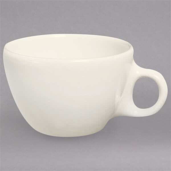 A white Homer Laughlin Ovide cup with a handle.