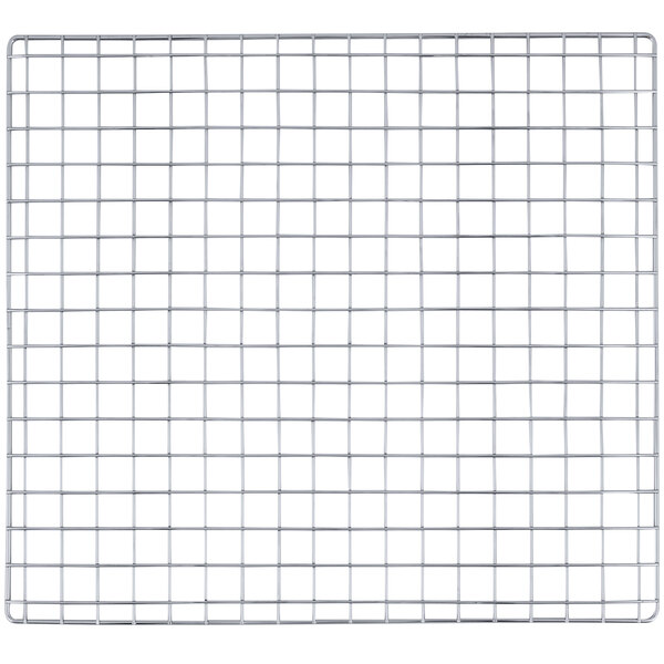 A chrome plated steel wire rack with a grid of squares.