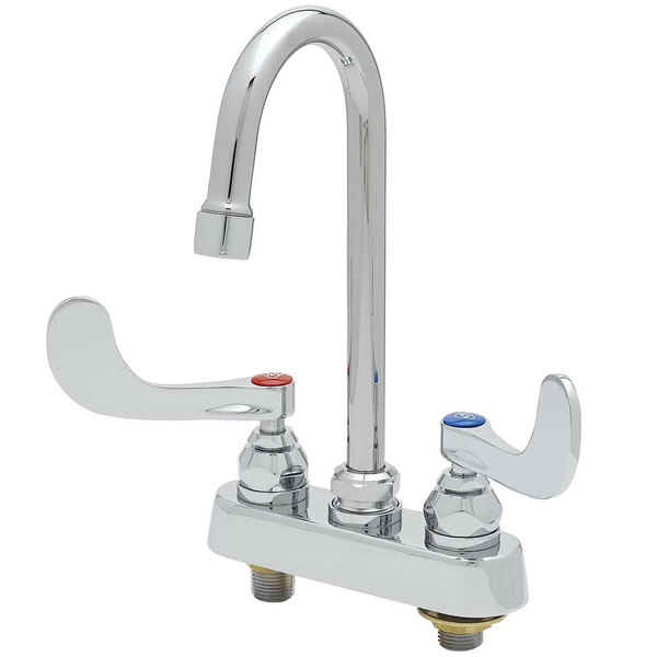 A T&S chrome deck mount workboard faucet with wrist action handles and gooseneck.