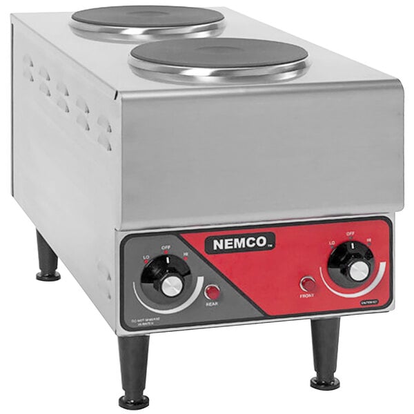 A Nemco electric countertop hot plate with two solid burners.