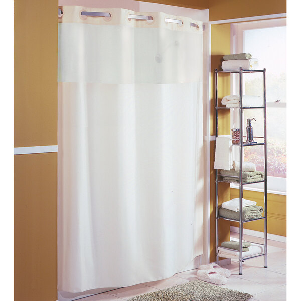 A beige Hookless shower curtain with a translucent window and flat flex-on rings.