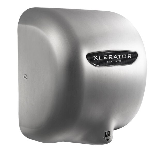 An Excel XLERATOR stainless steel hand dryer.