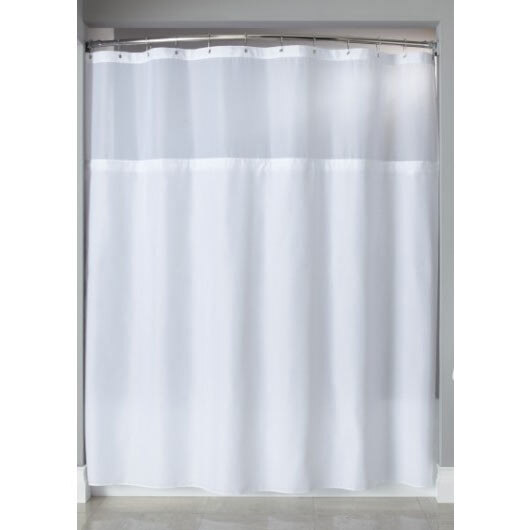A beige It's A Snap! polyester shower curtain liner with magnets.