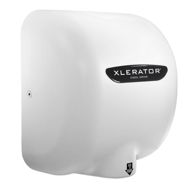 A white XLERATOR hand dryer with black text.