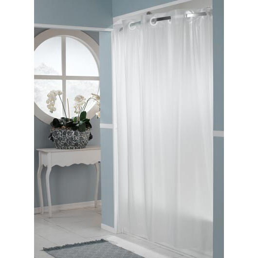 A white It's A Snap! shower curtain liner with magnets.