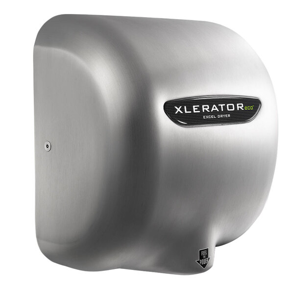 A stainless steel Excel XLERATOReco hand dryer with a black label.