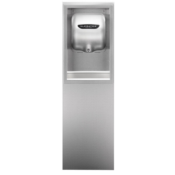 A brushed stainless steel rectangular recess kit for an XLERATOR hand dryer.