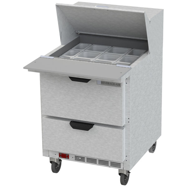 A Beverage-Air refrigerated sandwich prep table with two drawers open.