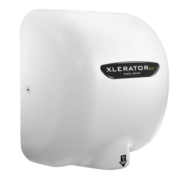 A white Excel XLERATOReco hand dryer cover with black text reading "Excel" and "XLERATOReco"