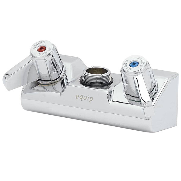 A chrome Equip by T&S wall mount faucet base with silver swivel knobs.