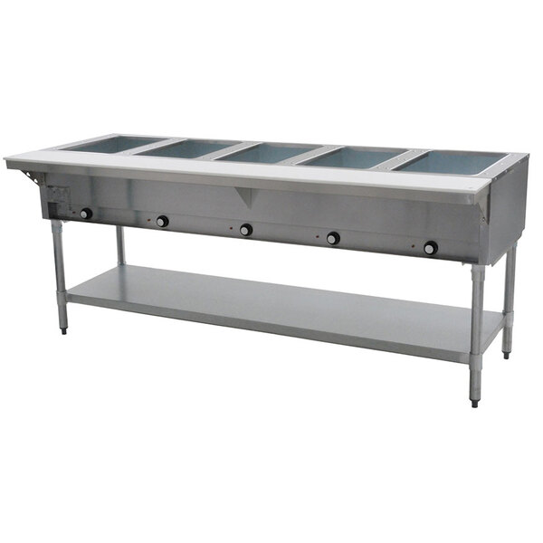 A large stainless steel Eagle Group hot food table with five wells.