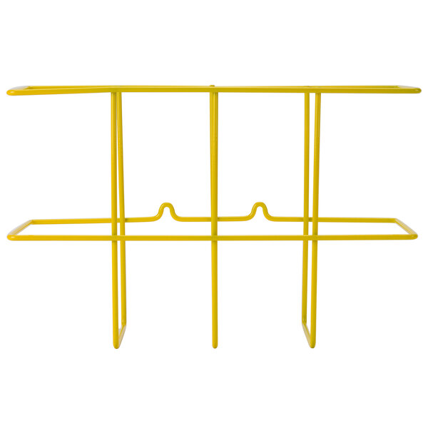 A yellow metal Noble Products wire rack with four shelves.