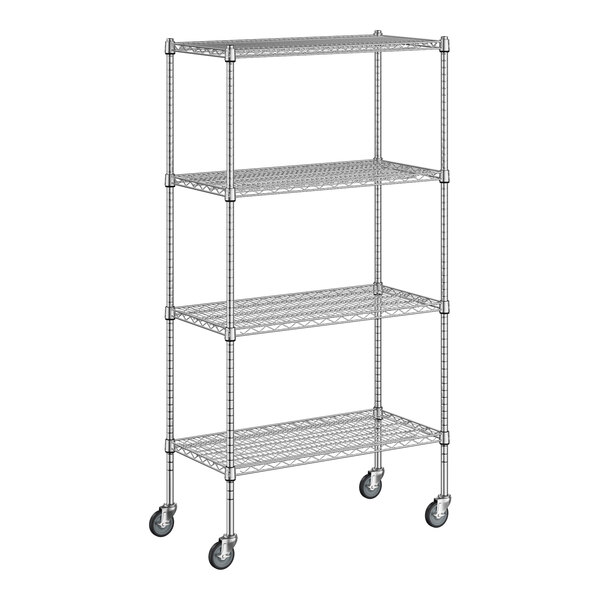 A Regency chrome wire shelving unit with casters.