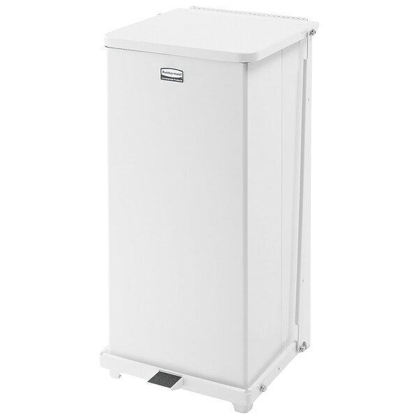 A white rectangular Rubbermaid medical step trash can with a pedal and lid.