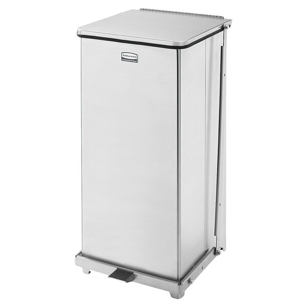 A white rectangular Rubbermaid stainless steel trash can with a black lid.