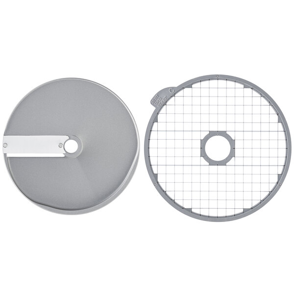 A circular metal disc with a grid of holes.