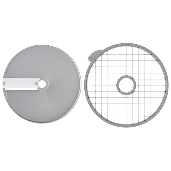 A circular metal disc with holes on a white background.