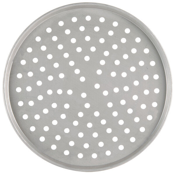An American Metalcraft tin-plated steel circular pizza pan with holes.