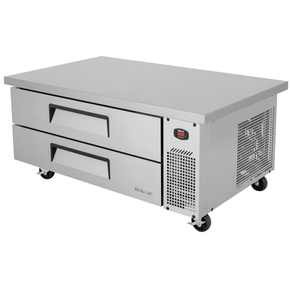 A stainless steel Turbo Air chef base with two drawers and wheels.
