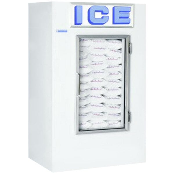 A white Polar Temp ice merchandiser with a glass door full of ice.