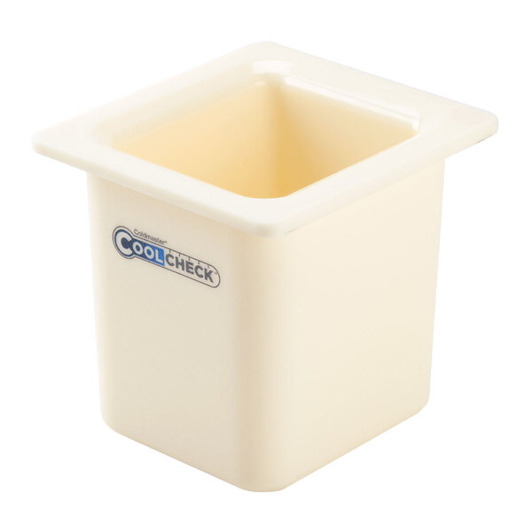 A white square Carlisle Coldmaster food pan with a white square lid.