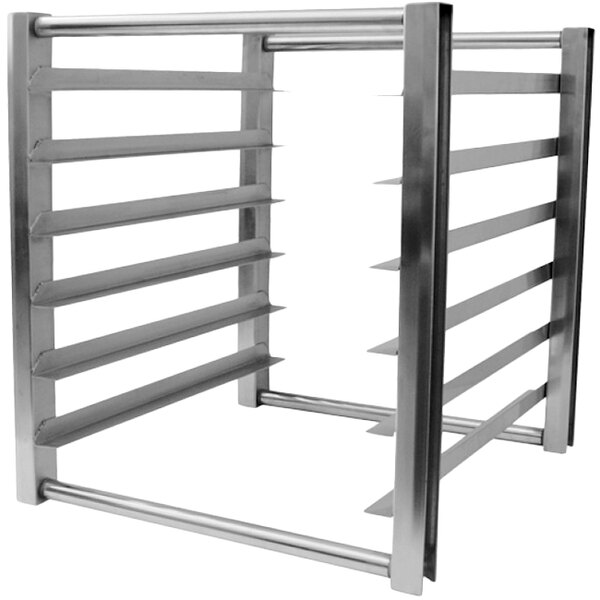 A Turbo Air metal bun rack with seven shelves and metal bars.