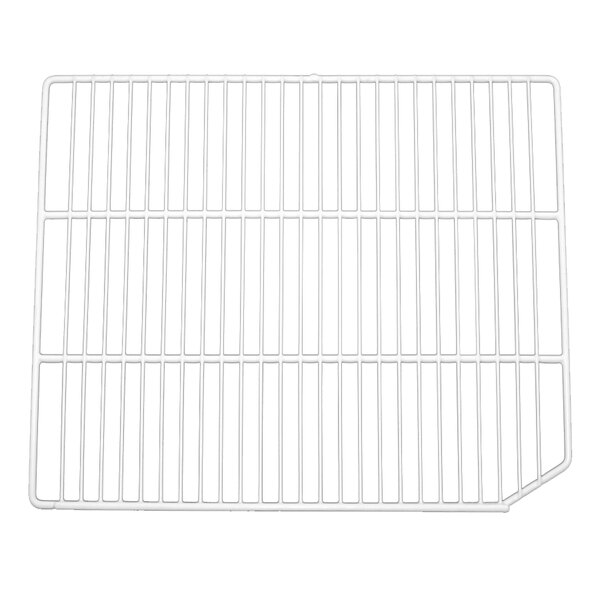 A white metal grid shelf with bars.