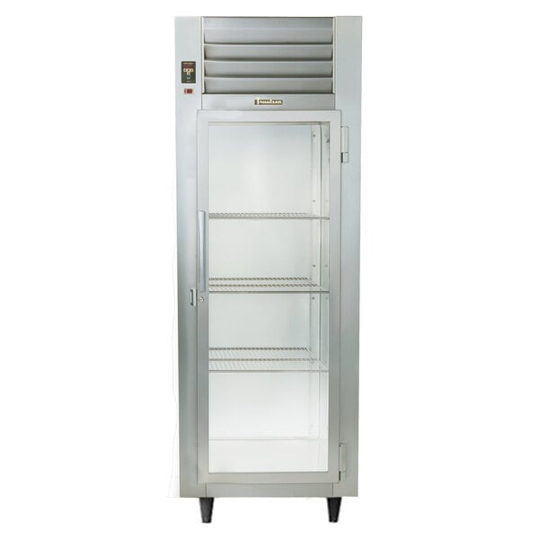 A Traulsen stainless steel refrigerator with glass doors.