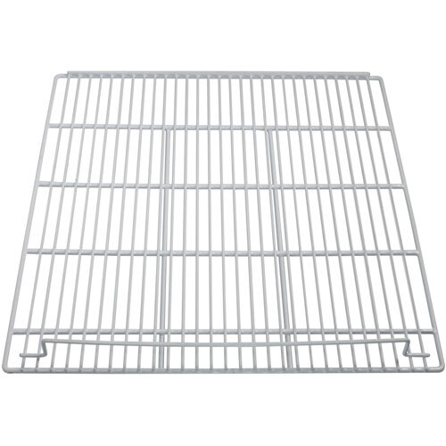 A white metal grid shelf with two bars.