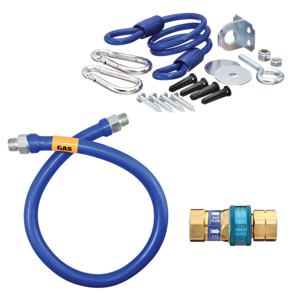 A blue flexible Dormont gas connector kit with restraining cable and screws.