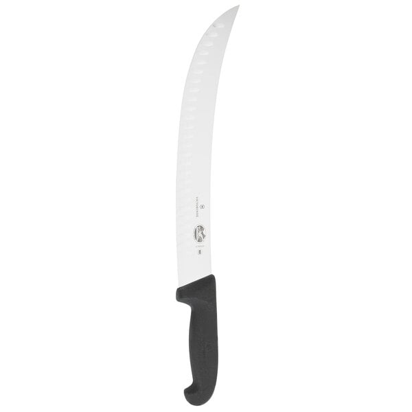 A Victorinox cimeter knife with a black handle and white blade.