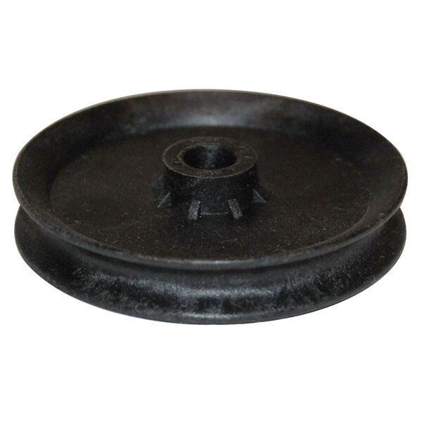 A black round driving pulley with a hole in it.