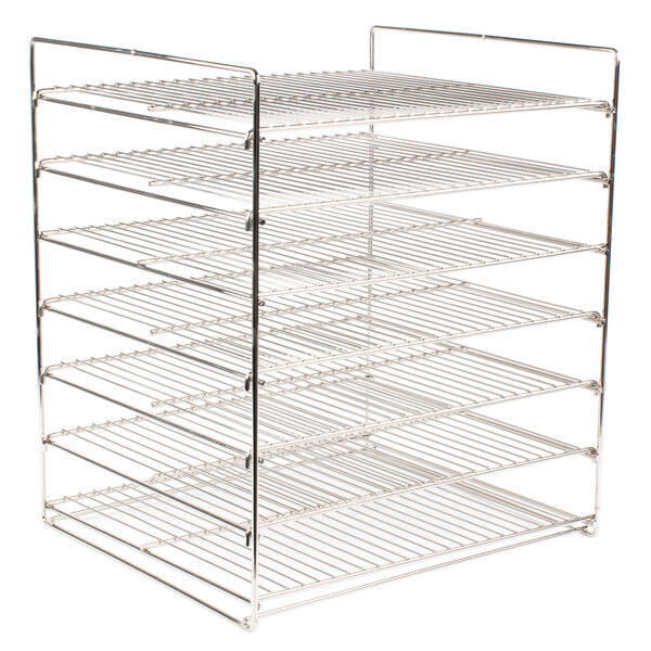 A white metal Hatco display rack with six shelves.