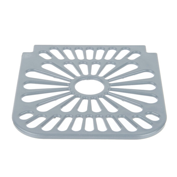 A grey square plastic drain cover with a circular design.