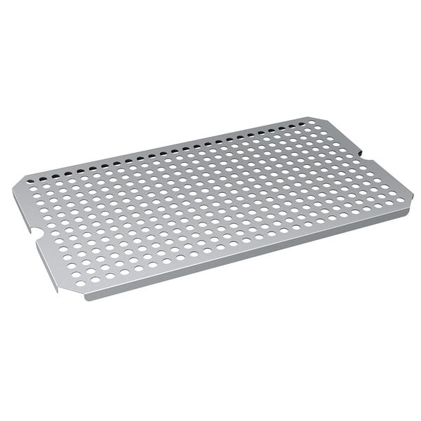 A stainless steel Hatco trivet with holes.