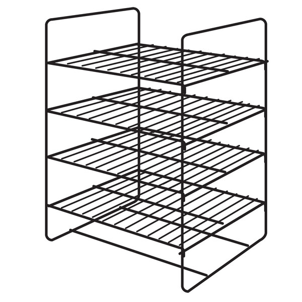 A black wire rack with four shelves.