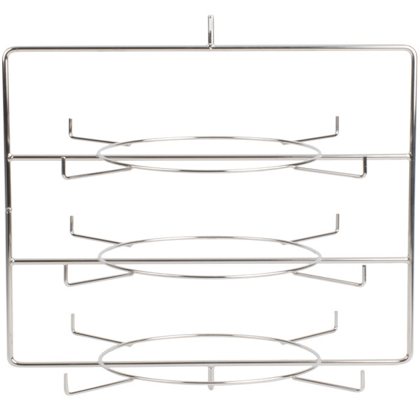 A Hatco metal rack with three round rings on it.