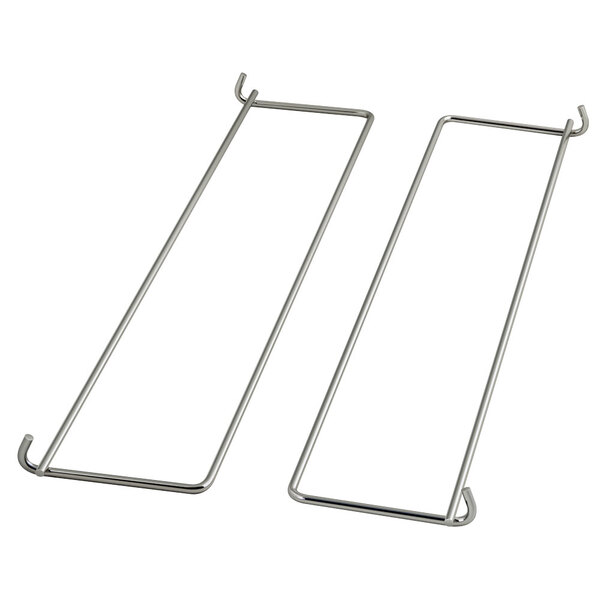 Two Hatco metal pan slides with hooks on them.