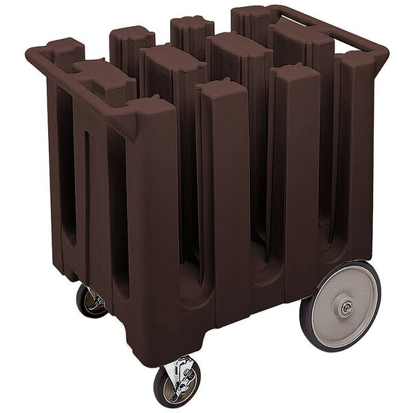 A dark brown Cambro plastic dish dolly with wheels.